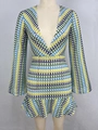 Detail of deep V-neck and colorful geometric wave pattern on long sleeve dress - S / Yellow