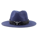 Dark blue woven cowboy hat with black decorative band and silver bull head ornament - Navy Blue