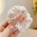 Detail of off-white oversized scrunchie with delicate pink floral patterns on mesh fabric - Beige Lace Double Layer Small