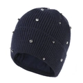 Detailed view of navy blue ribbed knit beanie featuring sparkling rhinestones and silver beads - Navy Blue
