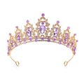 Golden bridal crown featuring large purple teardrop crystals and small white rhinestones - White + Purple