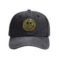 Washed denim baseball cap in dark grey featuring a golden sequin smiley face patch - Black