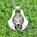 Vintage stainless steel lion head pendant necklace with Viking axe style on grass - Steel Color Lion Head Without Chain (B1311)