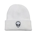 Detailed close-up of white ribbed knit beanie featuring alien head embroidery - One Size / White with White Label
