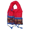 Red cotton linen scarf with ethnic embroidery, blue trim, and wooden bead tassels - Checkered Red