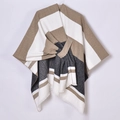 Striped fringe poncho shawl in brown, black and white with knot tie styling - Striped Black Khaki (Tassel Tie-up)