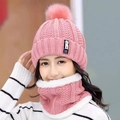Cute pink knitted beanie hat with pom-pom and matching fleece-lined neck warmer set for women - Set / Pink