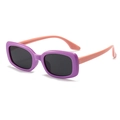 Kids square polarized sunglasses with purple frame and orange silicone legs in 45-degree view - Purple Frame Light Pink Temples