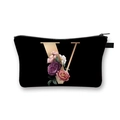 Polyester dumplings cosmetic bag in black with floral letter V print and zipper - Letter V
