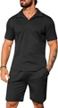 Close-up of black waffle textured knit fabric on men's short sleeve polo and shorts set - S / Top And Bottom / Black