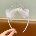 Cerchietto rosa con fiocco e corona di cristallo argento e perle per bambina - Rosa Corona