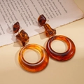 Retro amber resin hoop earrings with geometric round design and tortoiseshell finish - Coffee (925 Sterling Silver Earring Post)