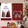 Christmas kitchen towels with buffalo plaid pattern and holiday tree design on a rack - Bow Decoration and Christmas Tree Style (MJBT66-52) / 2 Pieces/Pack (40*60cm) / Red and Black Buffalo Plaid