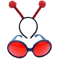Funny red insect costume set with antenna headband and honeycomb lens glasses - Full Red Antenna Set