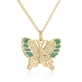 Detalle de colgante de mariposa en oro de 18K con esmalte de colores y circonitas - Mariposa verde y rosa
