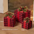 3-piece red and black buffalo plaid Christmas gift box set with pine needles and berries - Red & Black Plaid Gift Box Set of 3