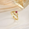 Detail of crown ring with square red gemstone and matte gold band on silk - JZ0106A-Gold Red Square Zircon Crown