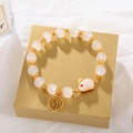 Elegant beaded bracelet with white pearl-like beads, golden rabbit and lucky charm pendant - S010-white Beaded Jade Rabbit Bracelet #sz119