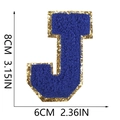 Detailed size chart of royal blue chenille letter J patch with gold glitter edge - Letter J