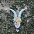 Vintage resin sheep skull wall hanging with succulent decor and blue spiral horns - Green Horn Succulent Sheep