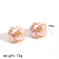 Pink enamel camellia flower stud earrings with gold trim, 19mm size and 12g weight - Pink (TE60323-PK)