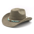 Close-up of suede cowboy hat with braided rope, turquoise beads, and sun totem metal plate - M (56-58cm) / Army Green