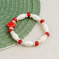 Ceramic beaded bracelet with white barrel beads and red flower charm on beige fabric - Flower Red Style (1656-04) / Red