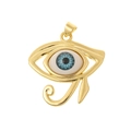 Detail of gold Eye of Horus pendant with blue textured eye and cubic zirconia accent - DZ298-Eye of Horus
