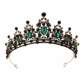 Baroque gold bridal crown with vintage green teardrop crystals and black rhinestones - Antique Gold + Green Rhinestone
