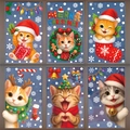 Set of six Christmas cat window stickers with snowflakes and festive holiday gift boxes - Set of 6 BQ(629-633)+635