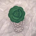 Dark green camellia flower brooch with dangling pearl chains in vintage style - With Pearl Tassel / Green