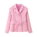 Detail of pink long-sleeved blazer featuring a waist tie bow and notched lapel collar - Pink