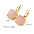 Detail view of 14K gold-plated earrings with square pink gemstone and 13.5mm size specs - Rose Quartz