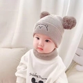 Light coffee knitted baby hat with dual pom poms and bear embroidery and matching neck scarf - One Size / Bear Style / Khaki