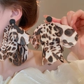 Chic leopard print oversized fabric petal earrings with black rose stud detail - Silver Post (47#) / Coffee-Black