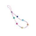 Detail of colorful smiley face beads and pearl seed beads on a handmade phone wrist strap - Thin Seed Bead Multicolor Smile