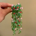 Detailed view of long handmade green beaded floral earrings with pink accents - Long Tassel (HE31378-1) / Green/Pink/Red