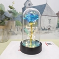 Blue gold foil rose in glass dome with LED fairy lights and a sleek black base - Blue (Warm Light)