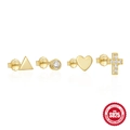 Set of four gold S925 sterling silver studs with triangle, round diamond and cross - Gold Heart