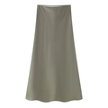 Detailed view of the olive green midi skirt with a smooth silk satin texture finish - Olive Green