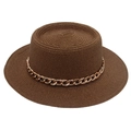 Detail of dark brown boater hat featuring a stylish chunky gold chain band decoration - One Size / Coffee (with Acrylic Chain Decor)