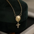 18K gold plated necklace with angel relief pendant and zircon cross on green velvet box - Angel Relief Oval Medal Cross (24647) / Gold