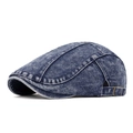 Retro dark blue washed denim flat cap with adjustable bronze metal side buckle - Dark Blue