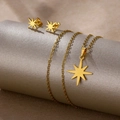 Detailed view of golden North Star necklace and stud earrings set on a pedestal - North Star (TZ-466)
