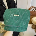 Thick green knitted plaid scarf with grey diamond pattern and handmade label - Forest Green