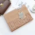 Folded solid camel faux cashmere scarf with fringe details and woven label display - Camel / 200cm