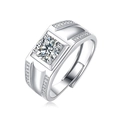 Detailed macro of a 925 silver moissanite men's ring with polished square setting and diamond - Silver/Square Base Round Cut/1 Carat