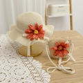 Dettagli del cappello di paglia per bambini e borsa con fiori arancioni e pizzo - 52cm 3-6 Anni / Set Cappello di Paglia e Borsa / Beige