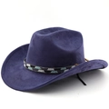 Close-up of suede cowboy hat featuring a colorful geometric beaded decorative band - Navy Blue
