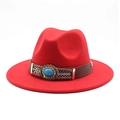 Macro shot of red wool fedora with bohemian turquoise stone and ethnic woven band - M (56-58cm) / Red